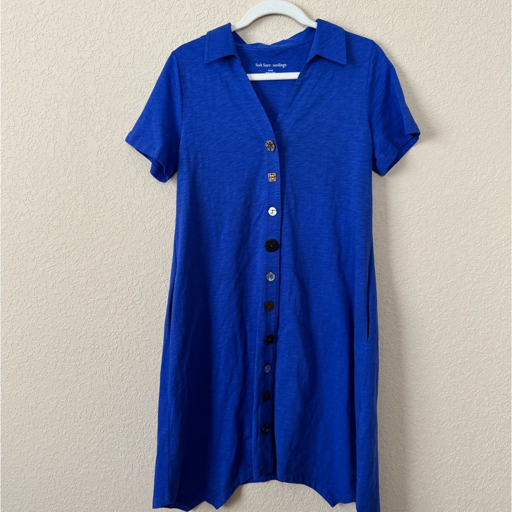 Soft Surroundings Royal Blue Button-Front Shirt Dress